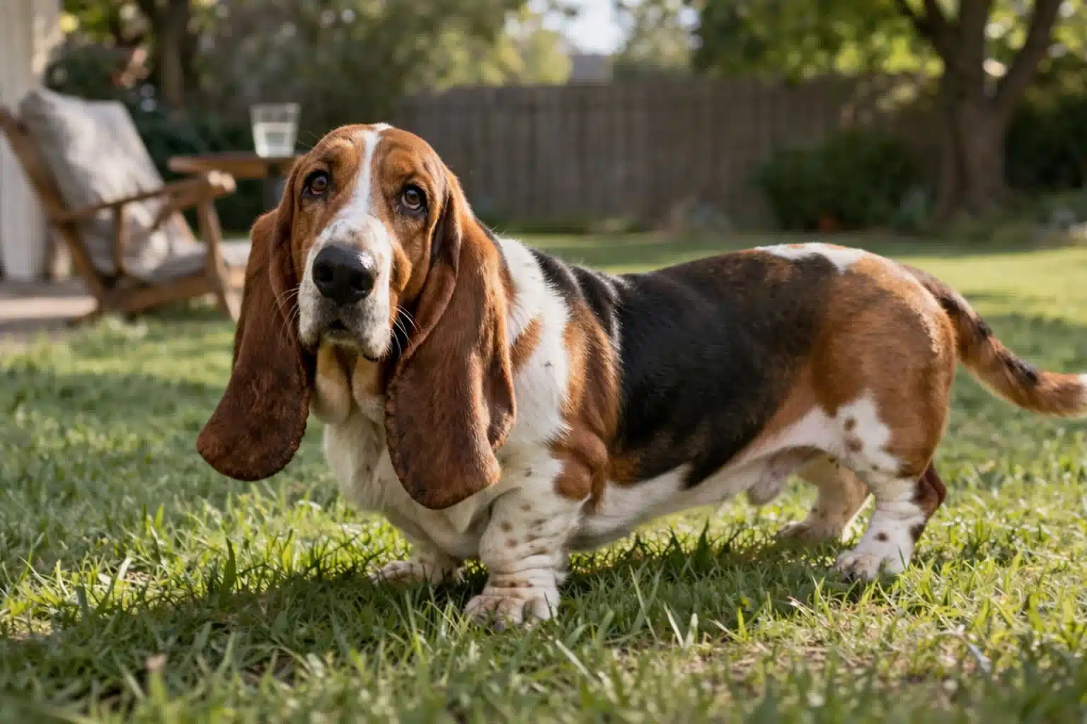 Basset Hound standing on grass in backyard with long ears and short legs, looking forward in a calm outdoor setting