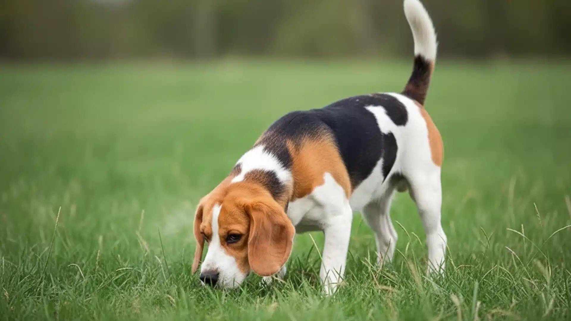 Beagle dog sniffing grass in a green field with tricolor coat and long floppy ears outdoors