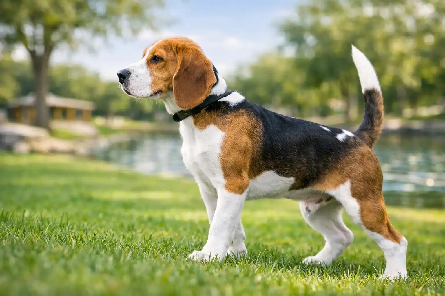 Beagle dog standing on grass near lake in sunny park