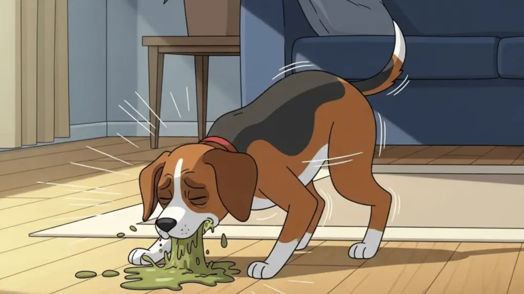 Beagle dog vomiting on living room floor showing symptoms of vomiting and diarrhea in dogs