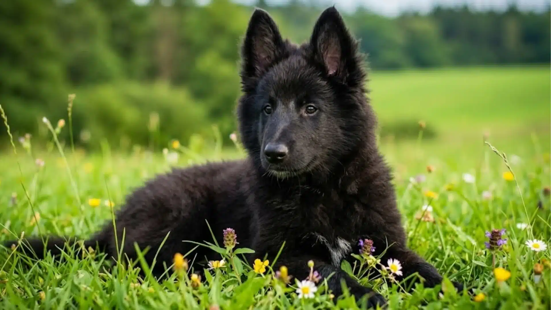 Belgian Tervuren puppy lying in a grassy field with wildflowers, showing its fluffy black coat and alert ears
