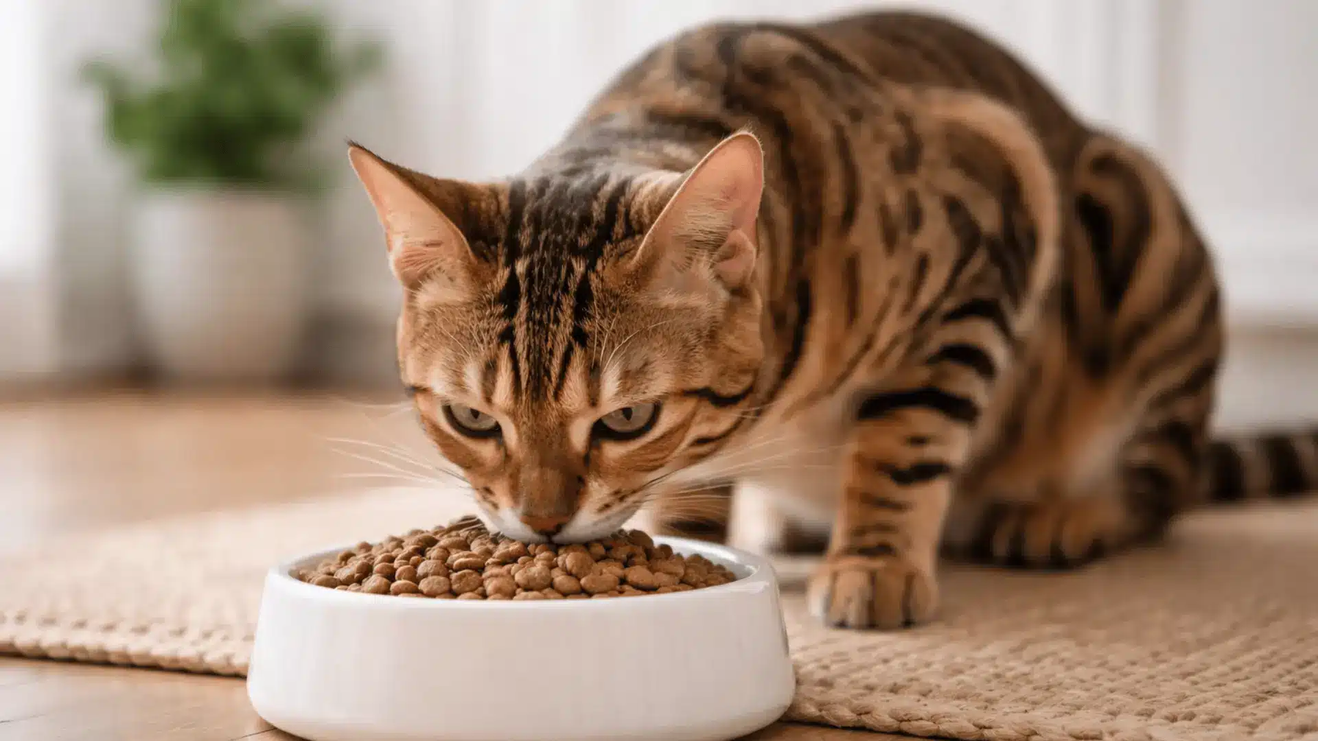 Bengal cat eating dry food from a white bowl on a hardwood floor
