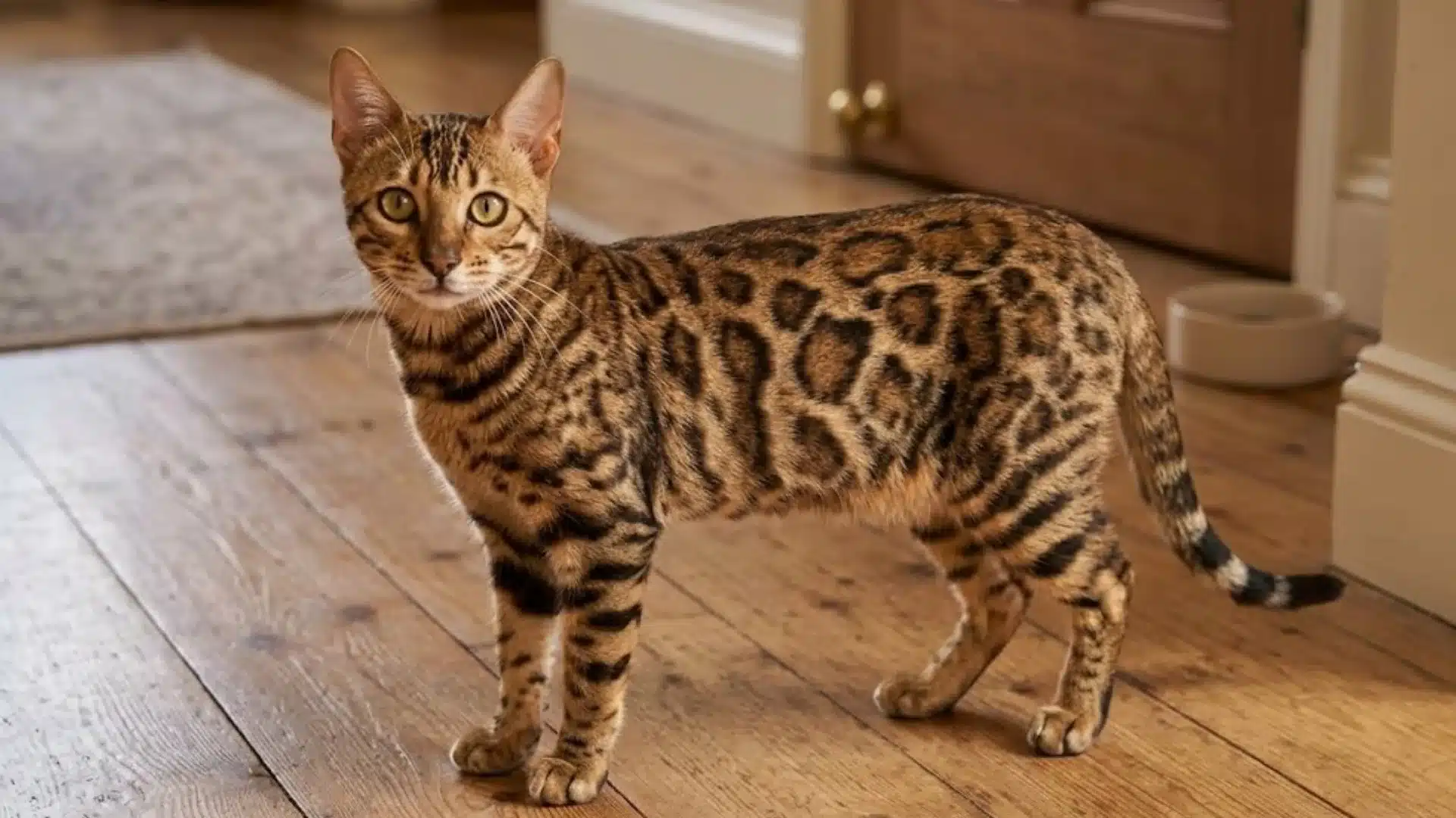 Bengal cat with rosette spotted coat standing on wooden floor inside home, exotic large domestic cat breed