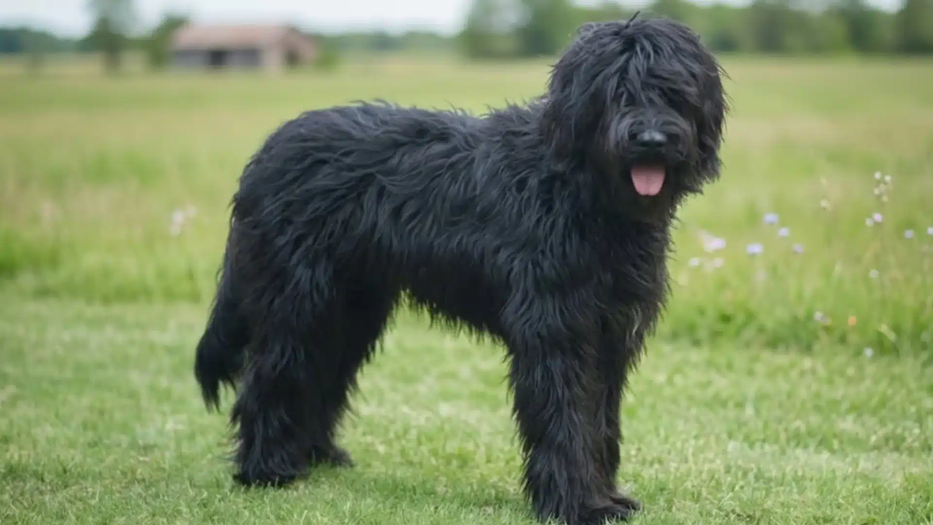 Bergamasco Sheepdog standing in a grassy field, showing its thick dark coat and sturdy build typical of large black dog breeds