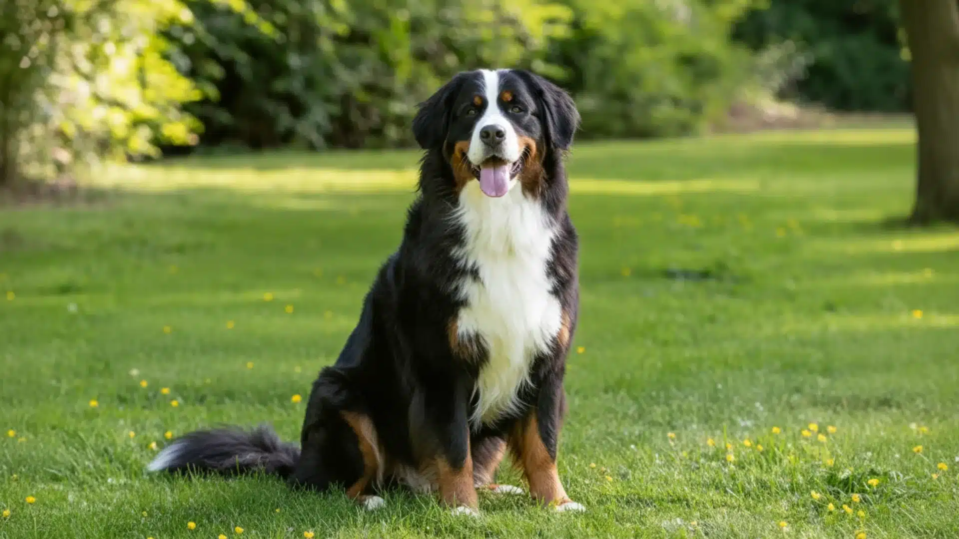 Bernese Mountain Dog sitting on green grass in park, tricolor coat with tongue out