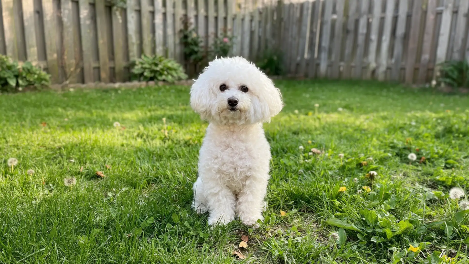 Bichon Frise breed dog sitting in a grassy backyard background
