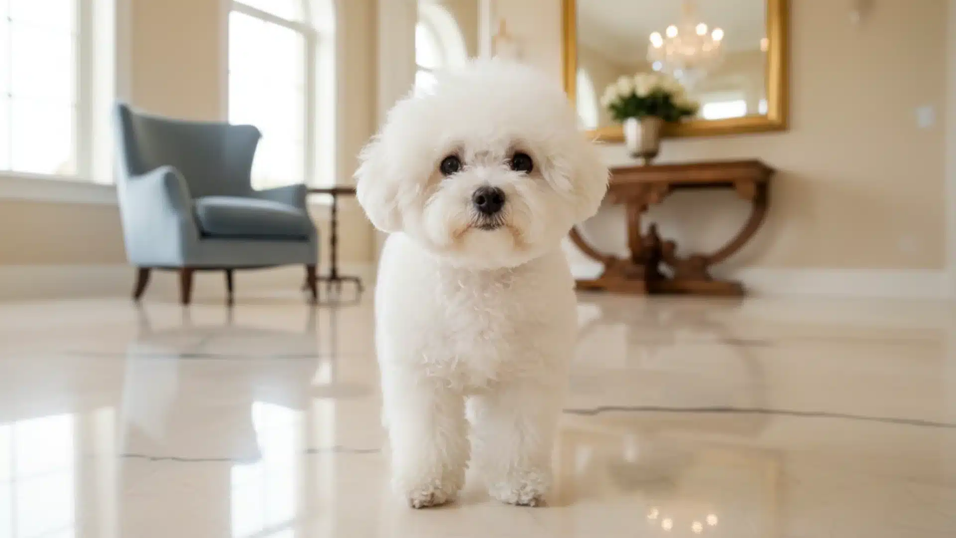 Bichon Frise standing on shiny marble floor inside bright living room with elegant furniture in background