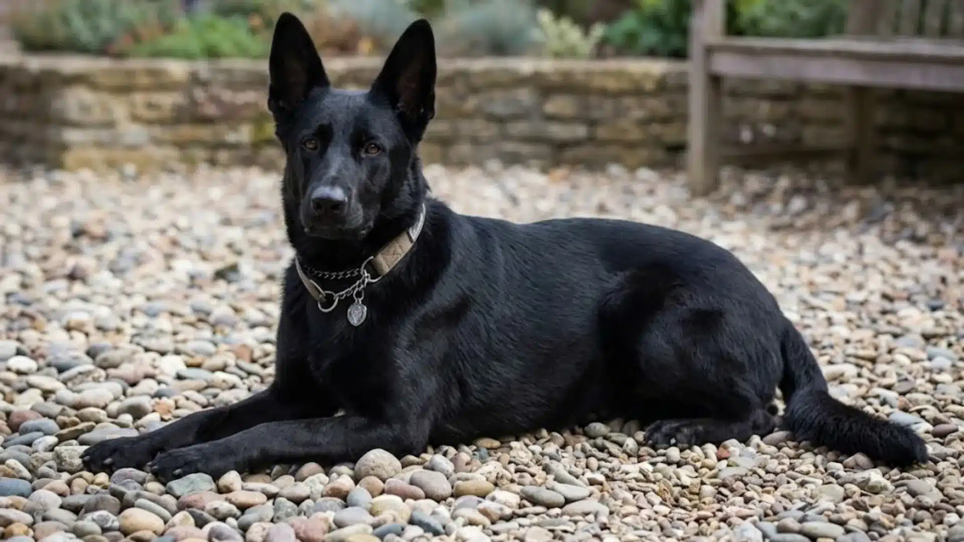 Black Belgian Malinois lying on gravel in a garden, showing its sleek black coat, alert ears, and athletic working dog build