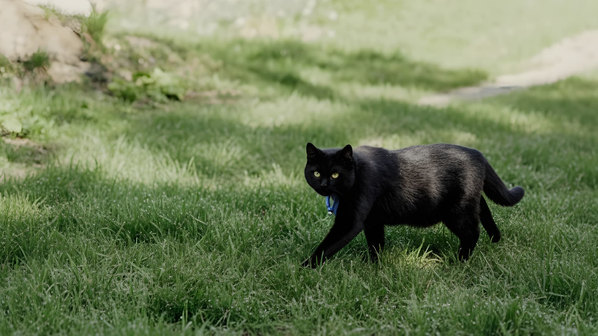 Black Bombay cat walking on green grass outdoors, wearing a blue collar with its sleek shiny coat glowing in natural sunlight
