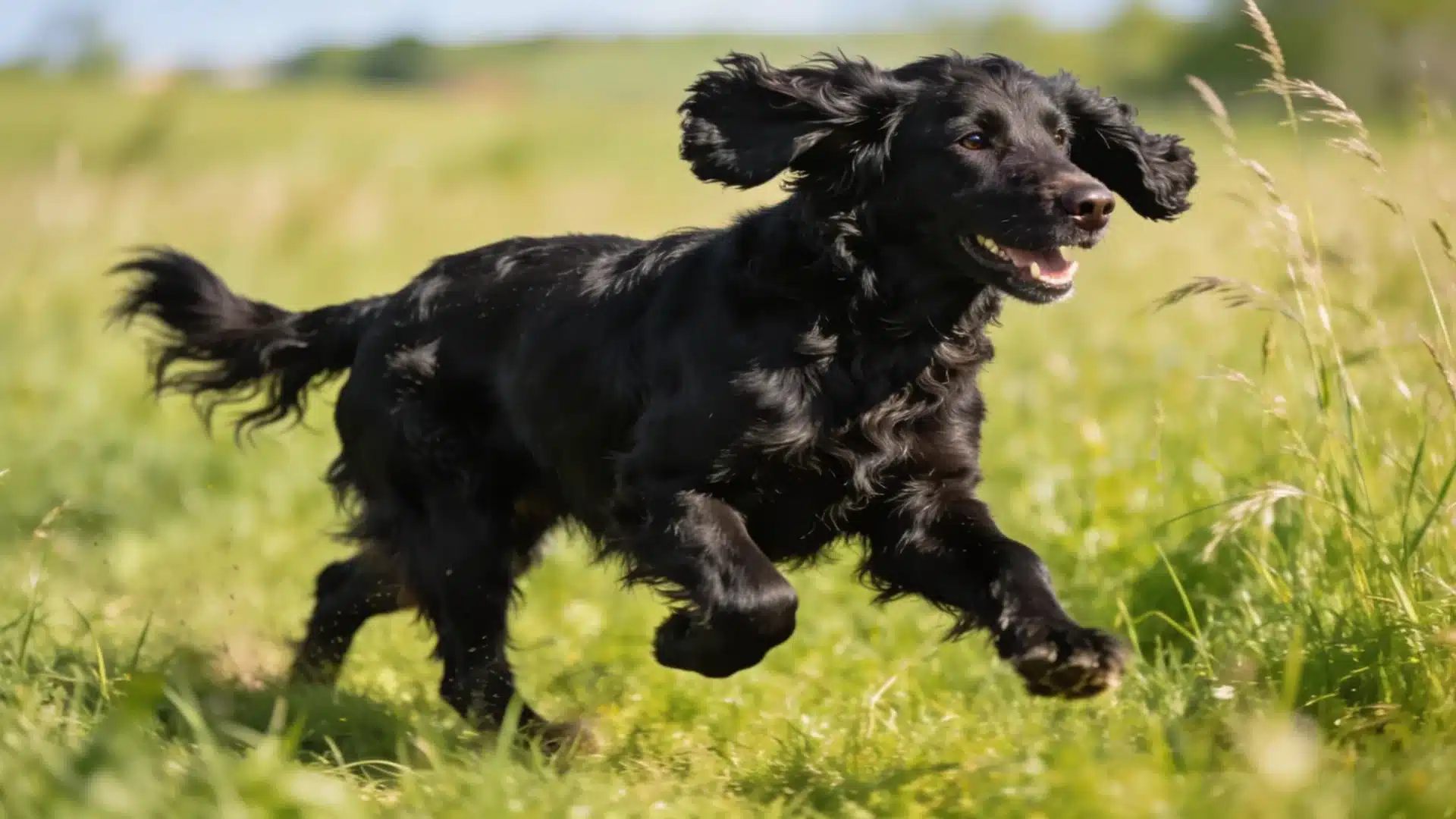 Black Boykin Spaniel running across a sunny green grass field with ears flapping and joyful expression