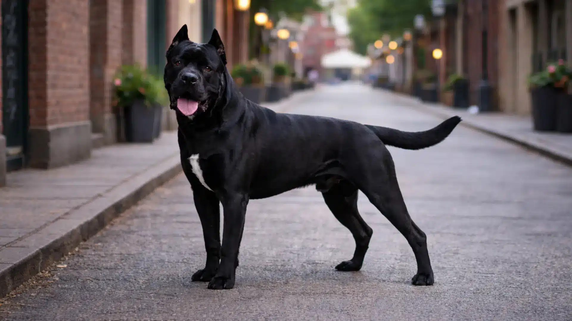 Black Cane Corso dog standing on city street between brick buildings with tongue out