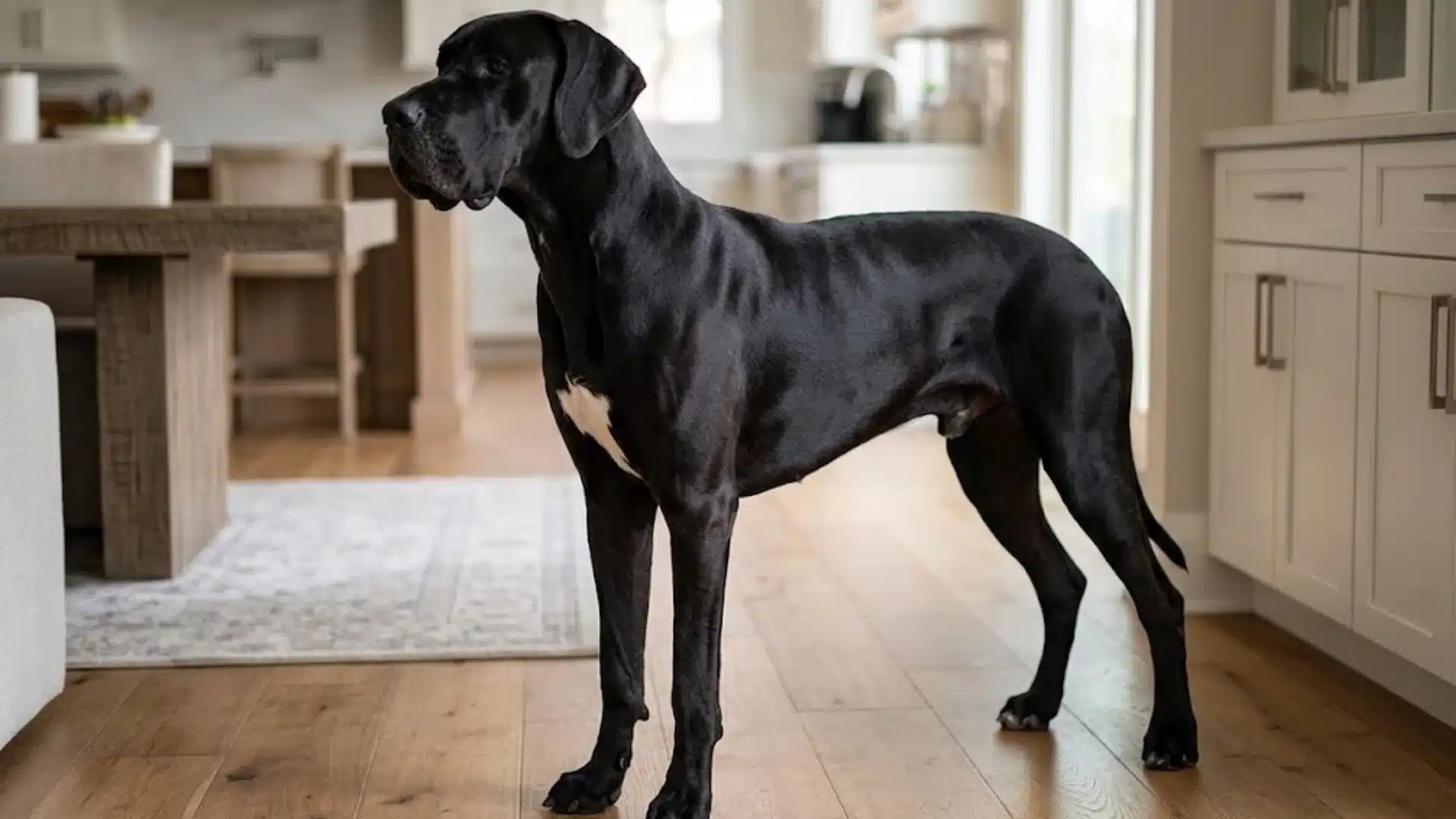 Black Great Dane standing inside a home, showing its tall powerful build, sleek black coat, and elegant posture typical of giant dog breeds