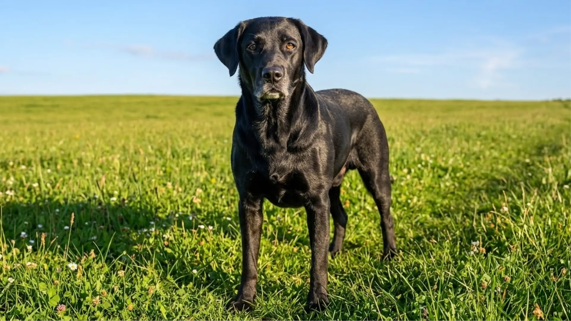 Black Labrador Retriever standing in a grassy field under blue sky, showing its short glossy coat and strong athletic build typical of large black dog breeds