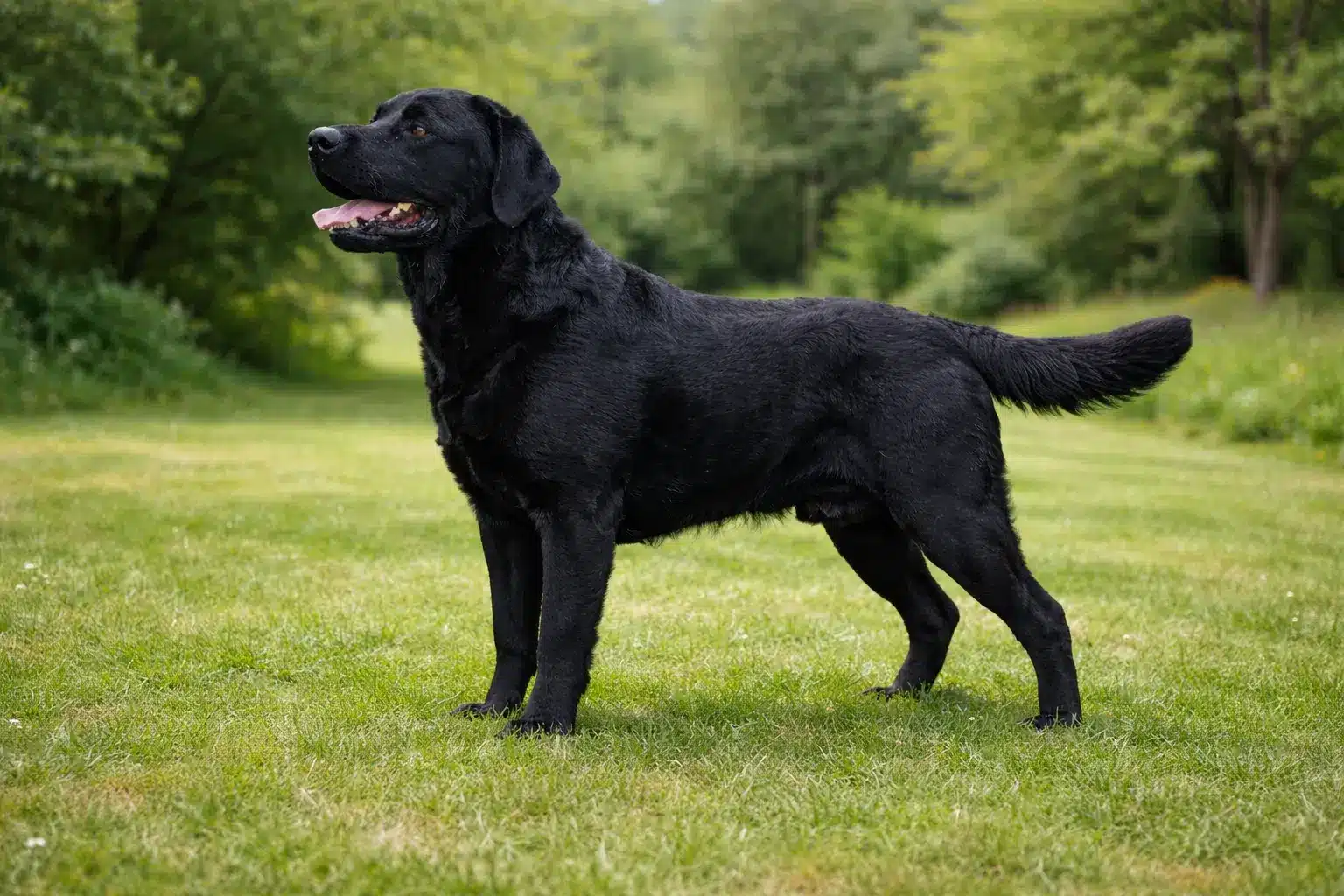 Black Labrador Retriever standing on grass in sunny park
