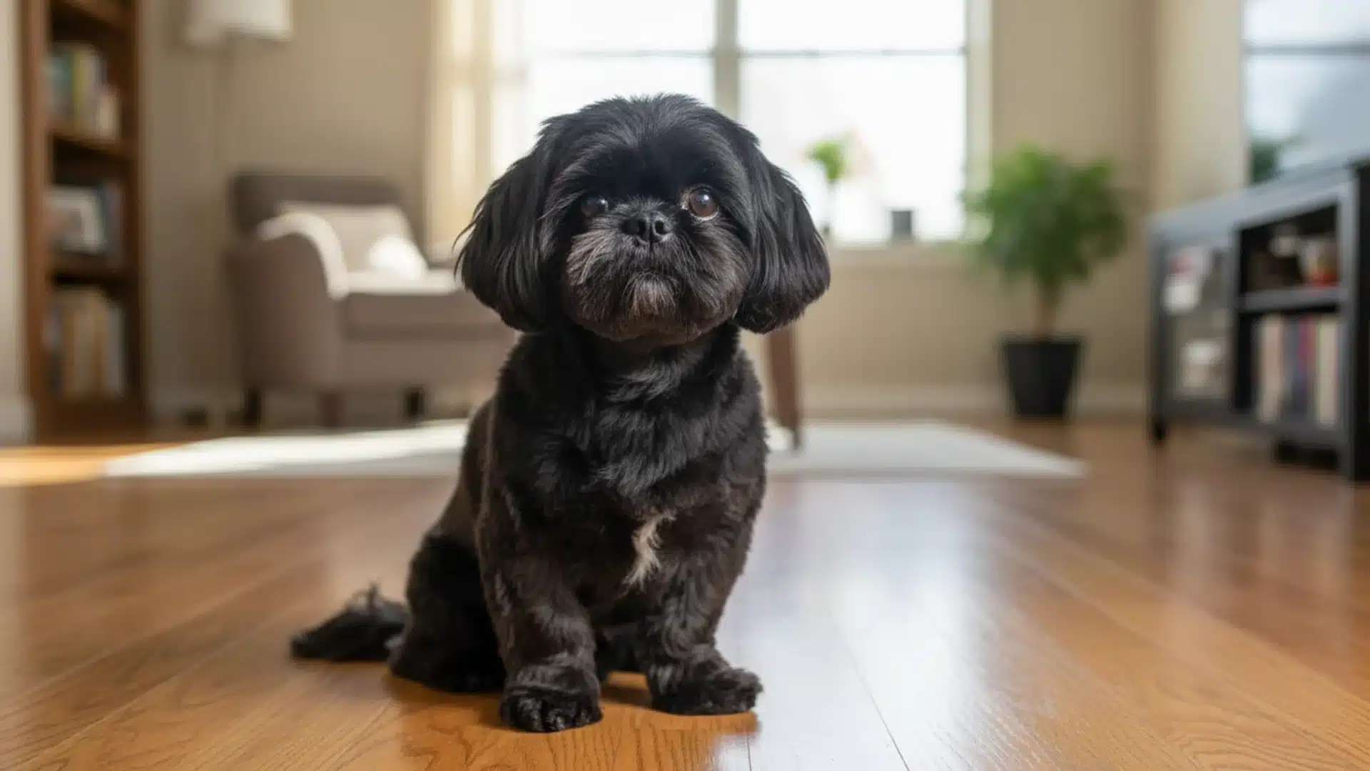Black Shih Tzu sitting on wooden floor in a bright living room with soft sunlight, fluffy coat and small white chest patch