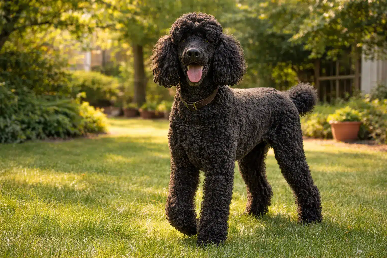 Black Standard Poodle standing on green grass in sunny garden with curly coat and happy expression