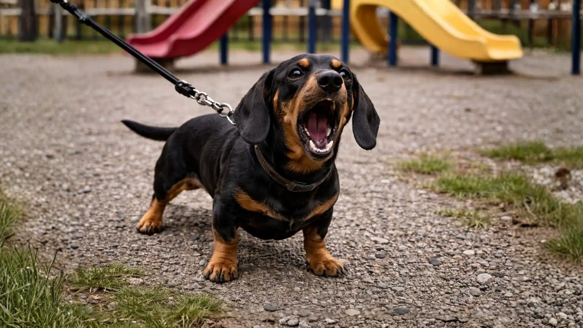Black and tan Dachshund dog barking on leash at playground in a park