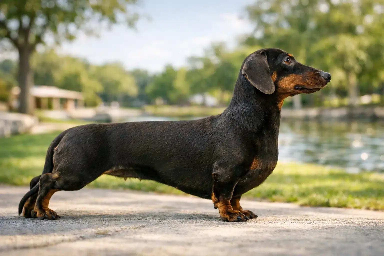 Black and tan Dachshund standing on lakeside path in park