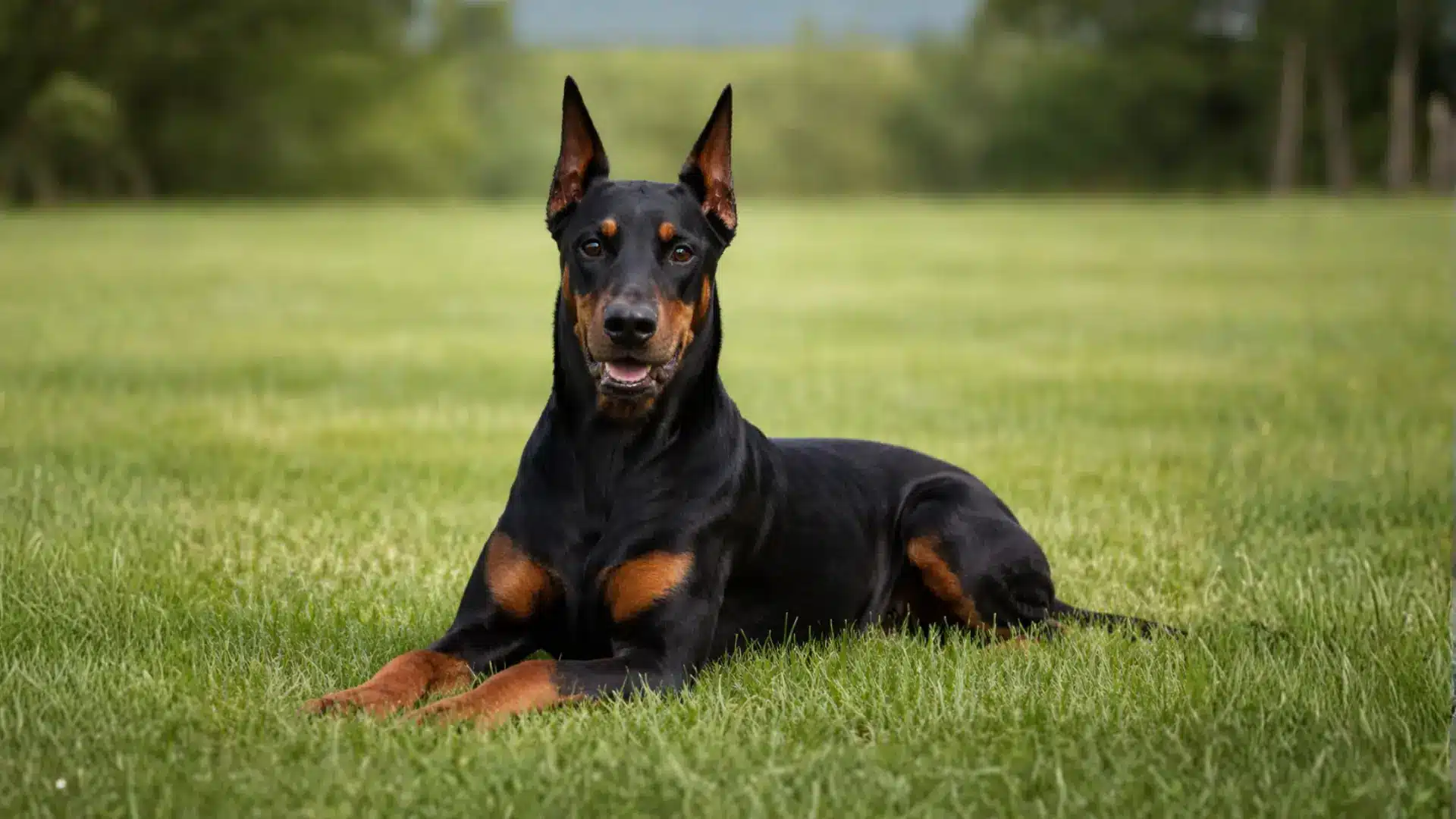 Black and tan Doberman Pinscher sitting on green grass with ears upright and mouth slightly open