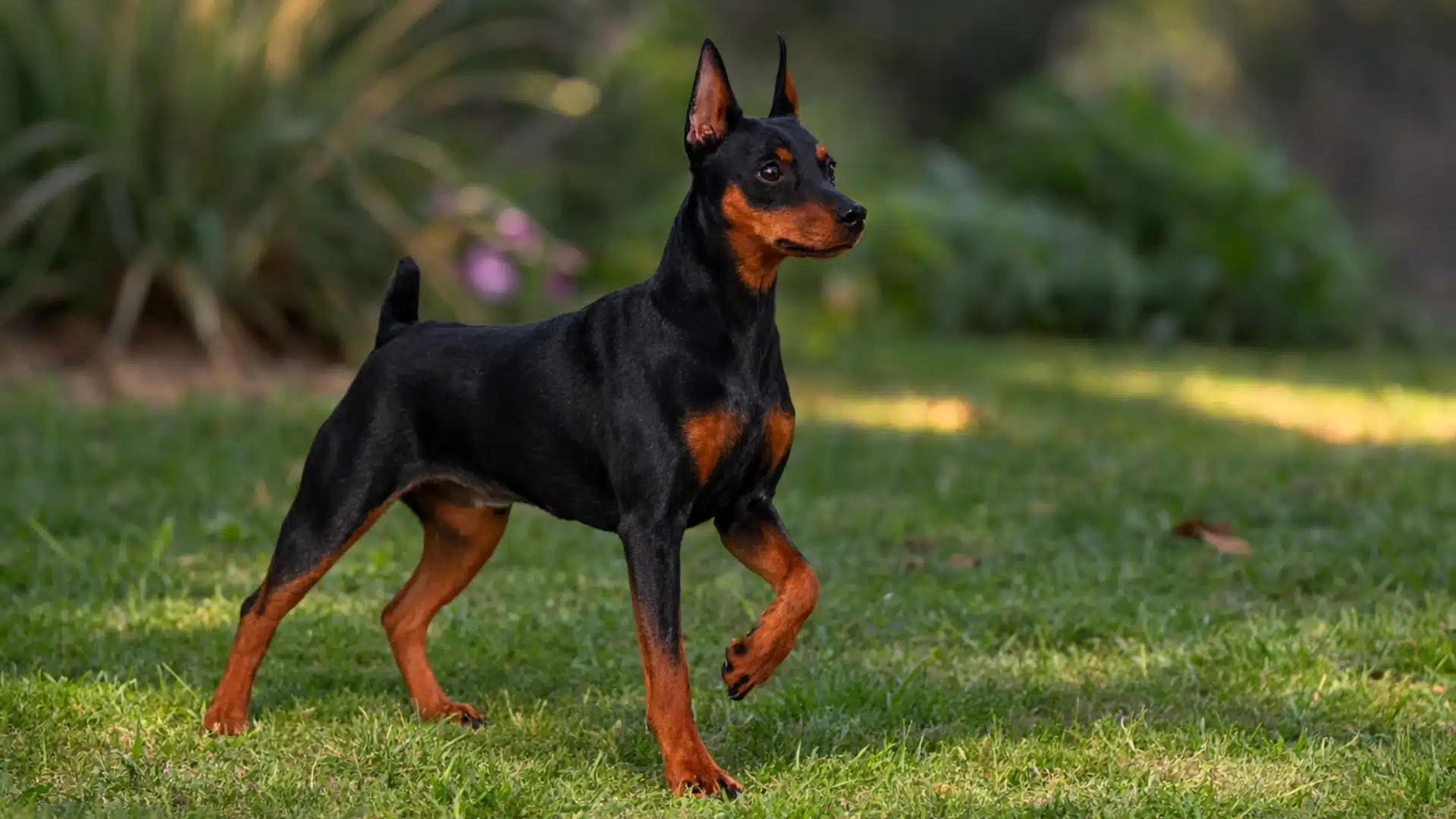 Black and tan Miniature Pinscher lifts one paw on grass, sunset park background softly blurred