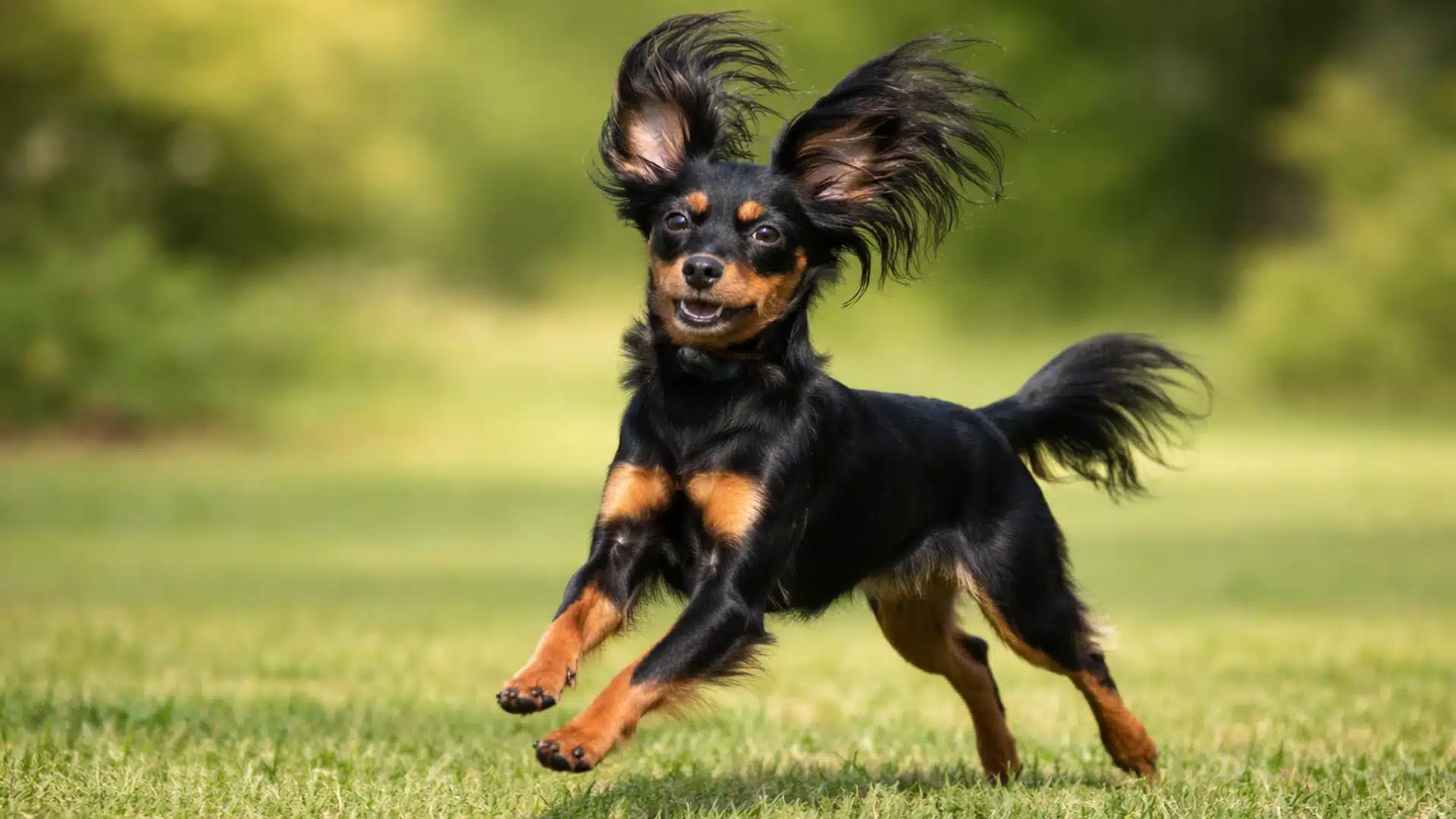 Black and tan Russian Toy runs on grass, ears flying back, mouth open, soft green park background blurred