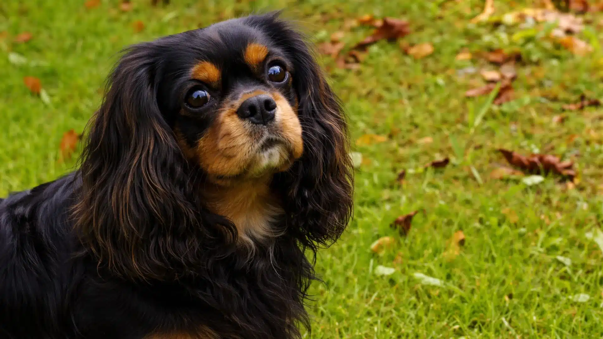 Black and tan english toy spaniel sitting on green grass, long silky ears framing its face in soft daylight