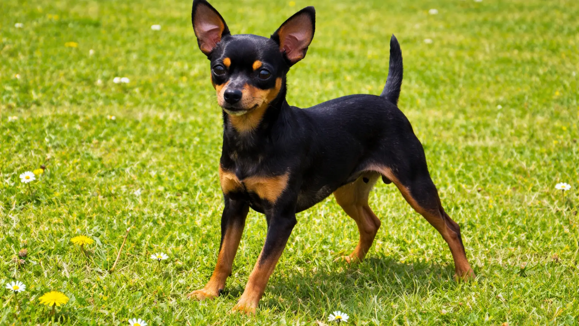 Black and tan prague ratter standing alert on green grass with small white flowers in a sunny field