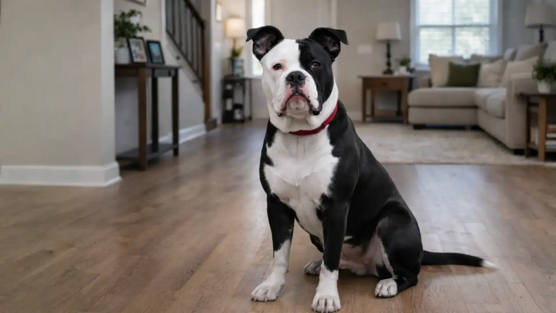 Black and white American Bulldog sitting on hardwood floor in living room wearing red collar