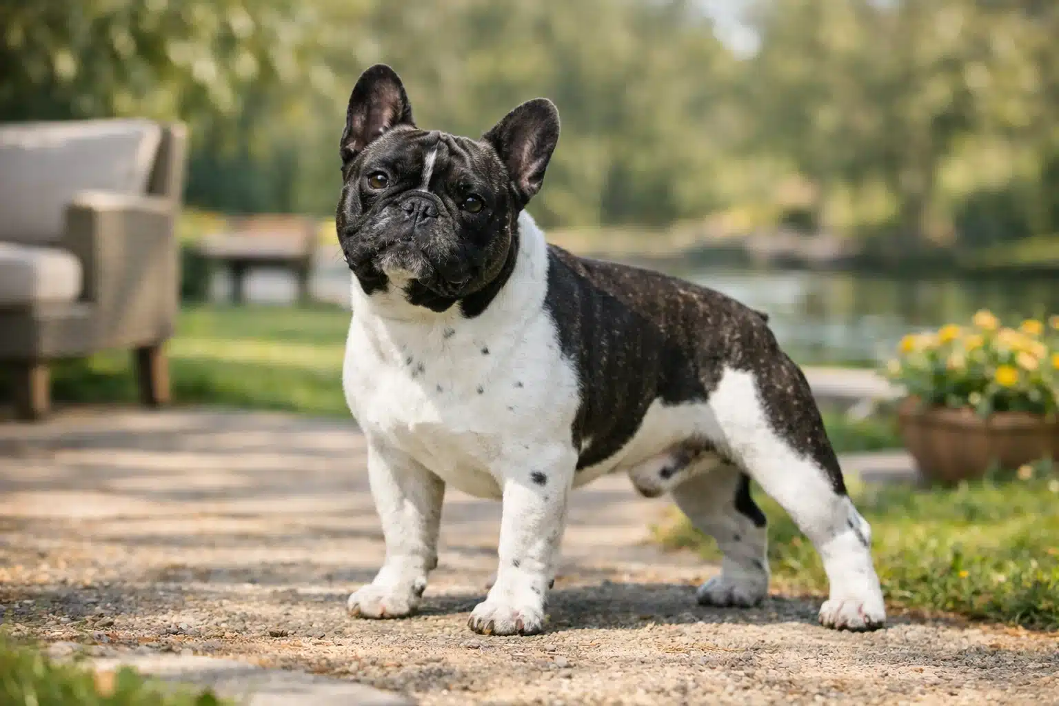 Black and white French Bulldog standing on garden path with lake in background