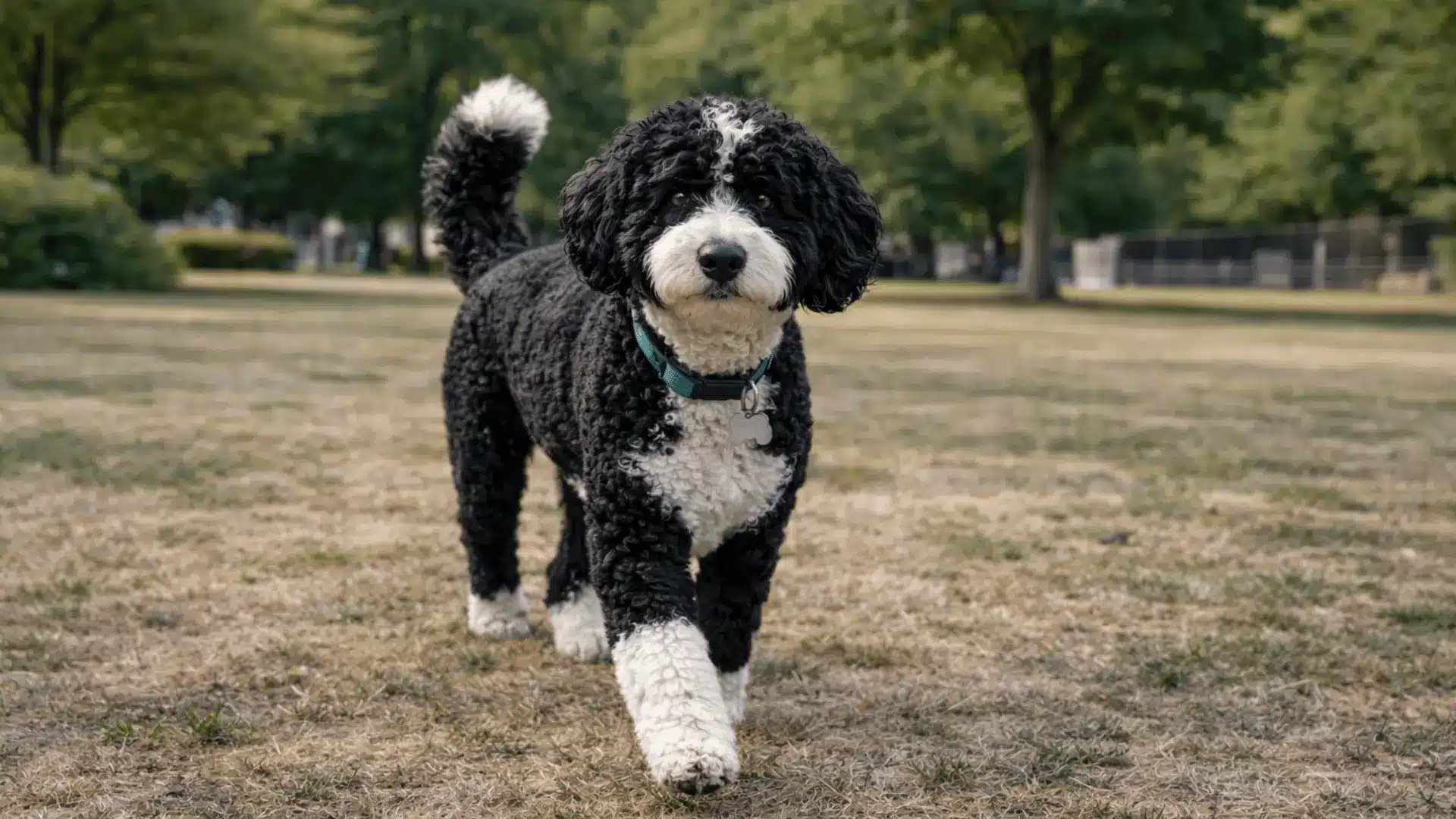 Black and white Portuguese Water Dog walking on grass in park with trees in background