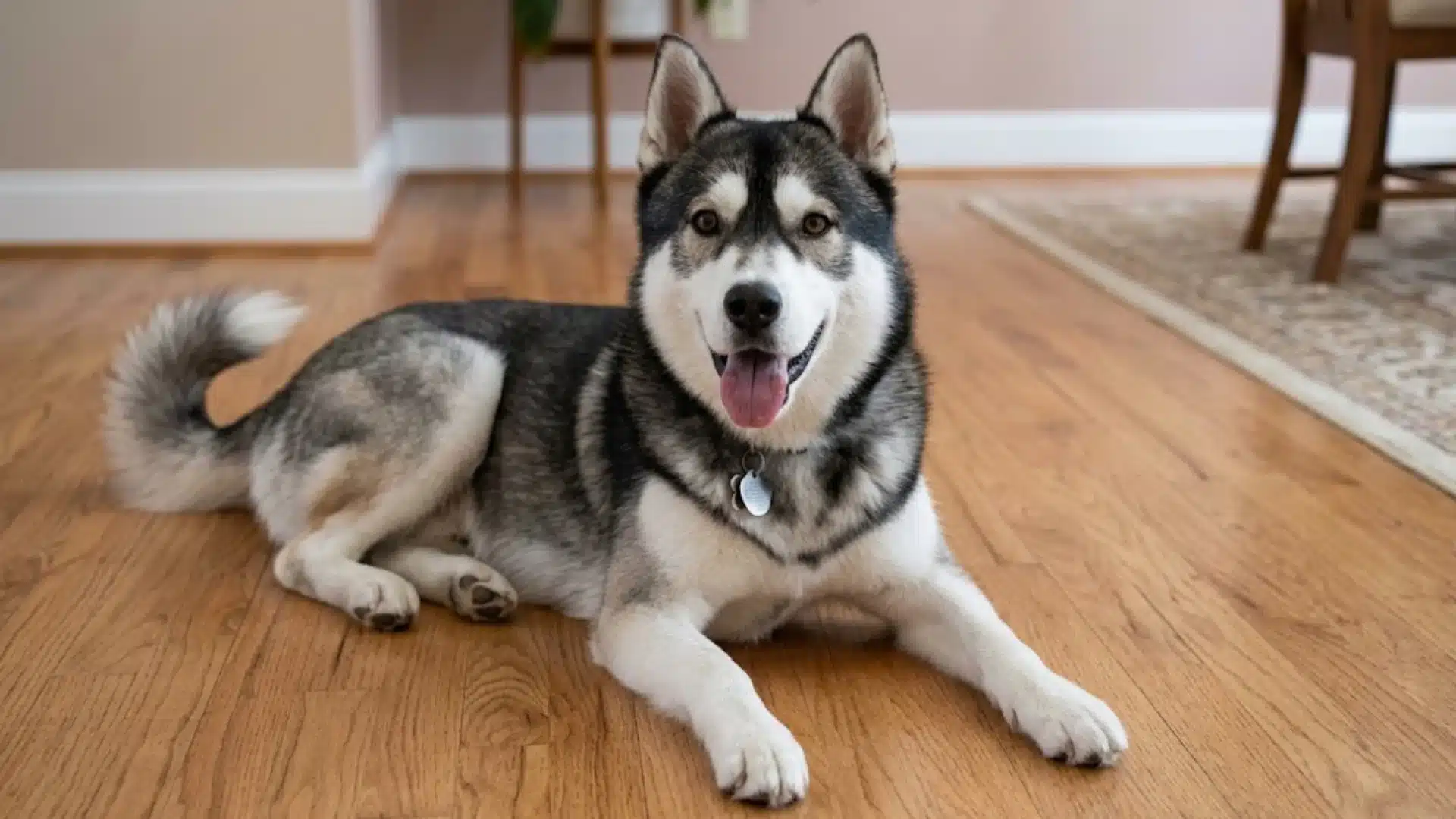 Black and white Siberian Husky lying on hardwood floor indoors with tongue out and ears up
