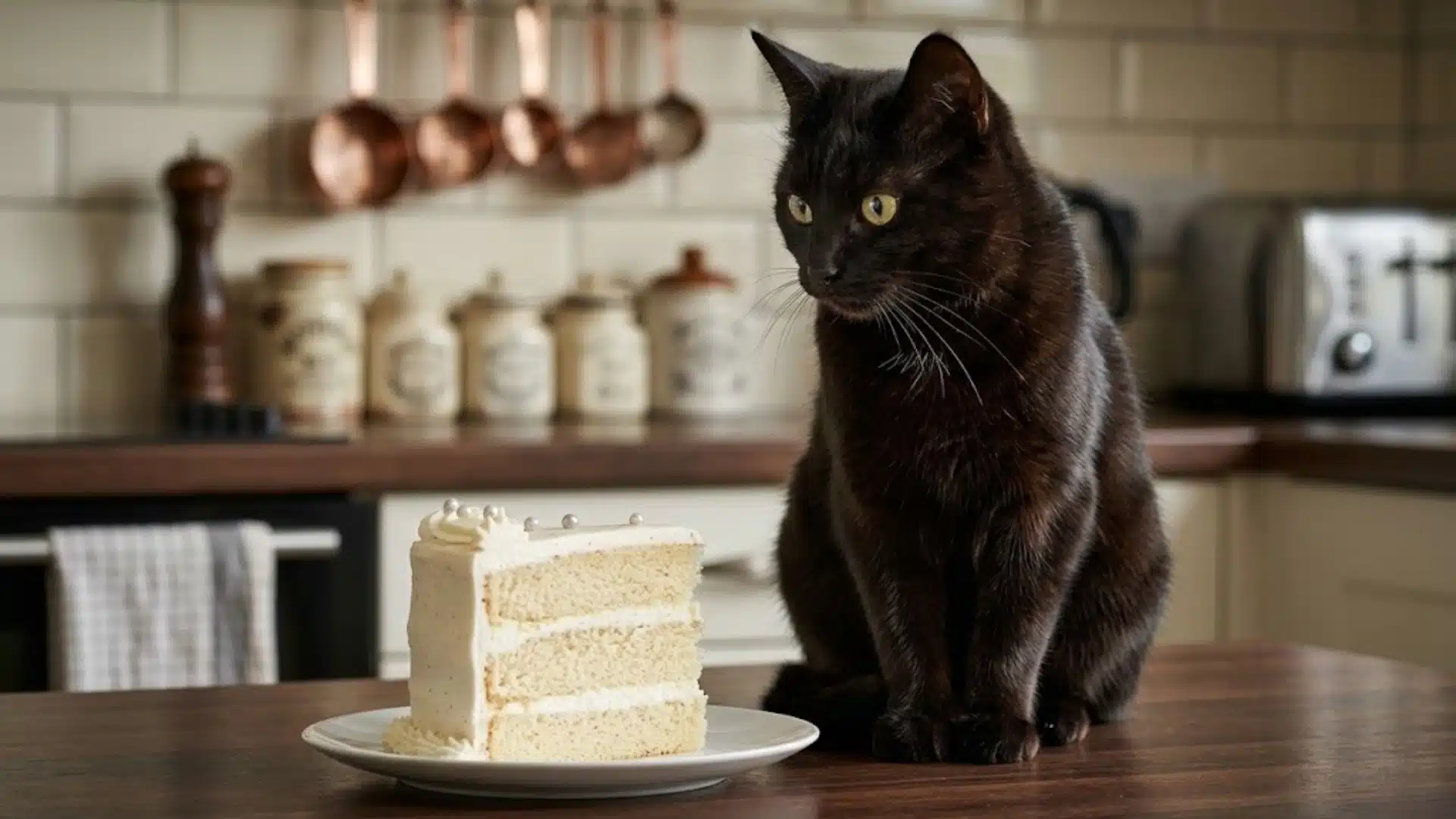 Black cat sitting on a kitchen table beside a slice of vanilla cake on a plate, showing curiosity toward human dessert food