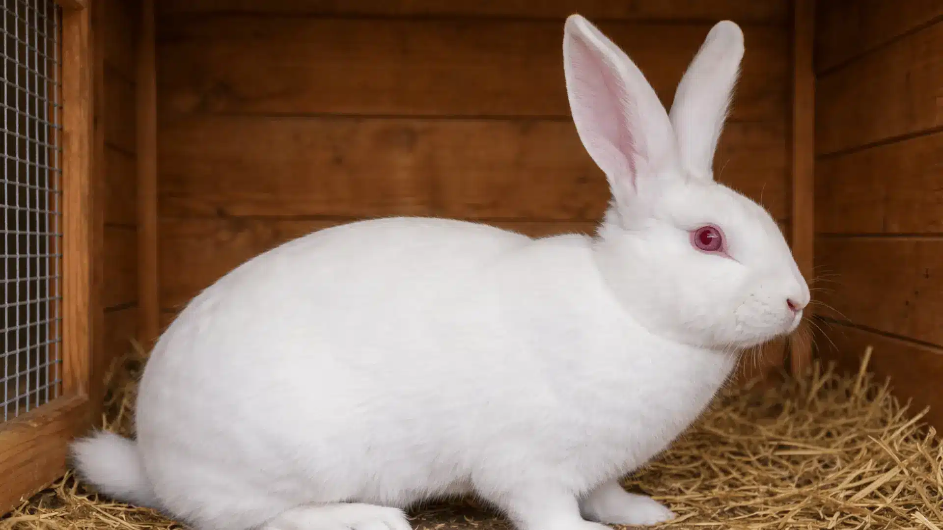 Blanc de Bouscat rabbit with pure white coat and pink eyes in natural light