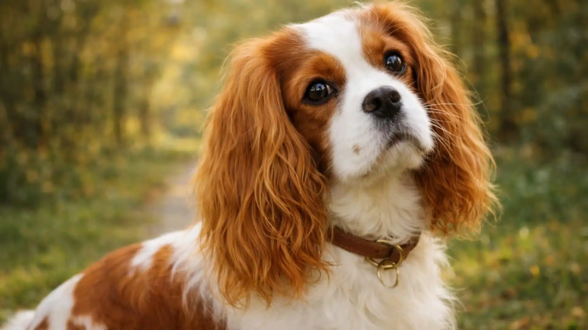 Blenheim Cavalier King Charles Spaniel with chestnut and white fur sitting in a sunlit forest, wearing a brown leather collar