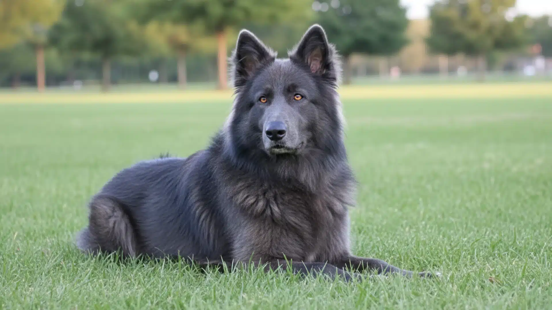Blue Bay Shepherd lying on green grass in a park with trees in the background and alert ears