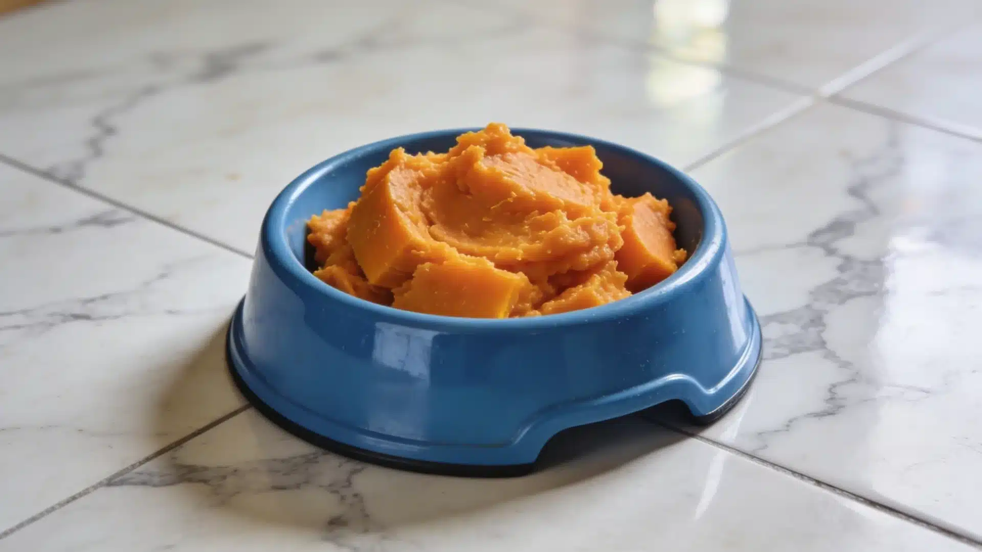Blue dog bowl filled with cooked pumpkin on marble floor, showing soft texture