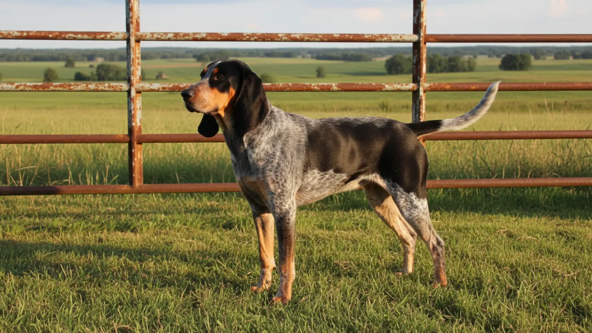 Bluetick Coonhound standing alert on green grass in front of rustic farm fence with open countryside behind