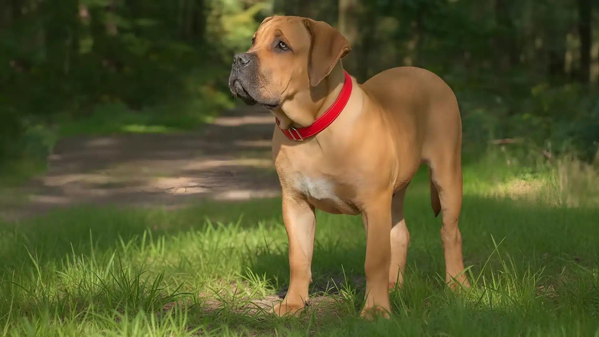 Boerboel wearing red collar standing on grassy forest path, looking alert ahead with tall green trees in background