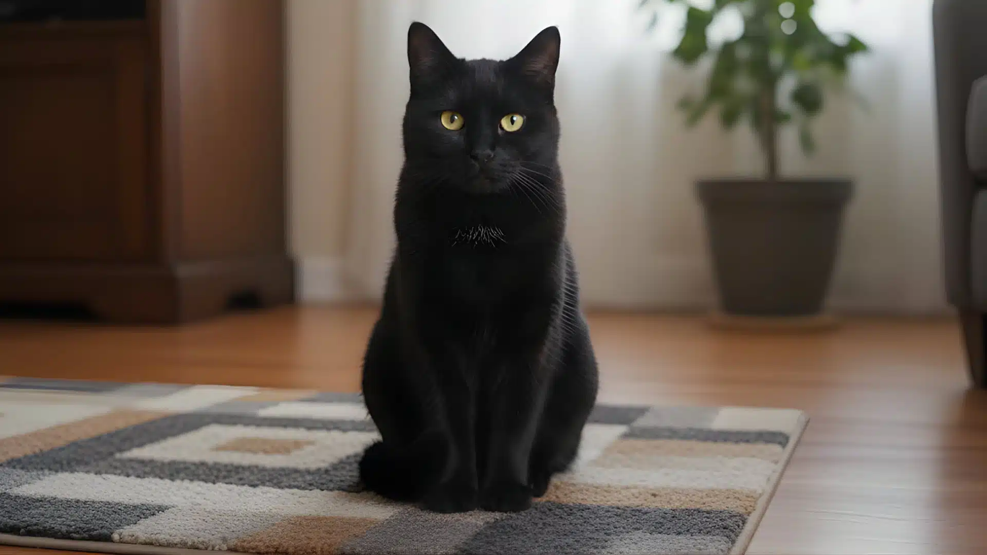 Bombay cat sitting indoors on patterned rug, showing shiny coat and bright copper eyes in a cozy living room setting