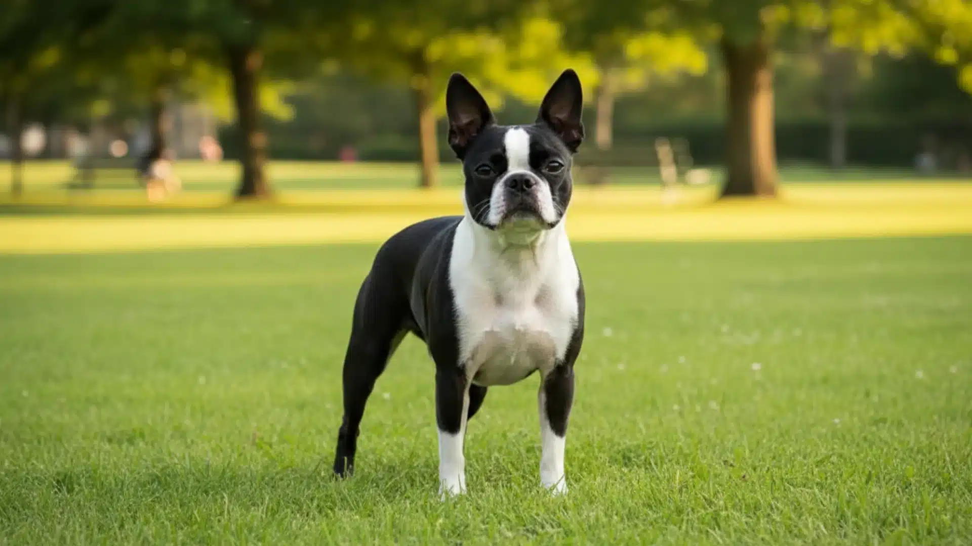 Boston Terrier standing on green grass in park, black and white coat with upright ears in sunny setting
