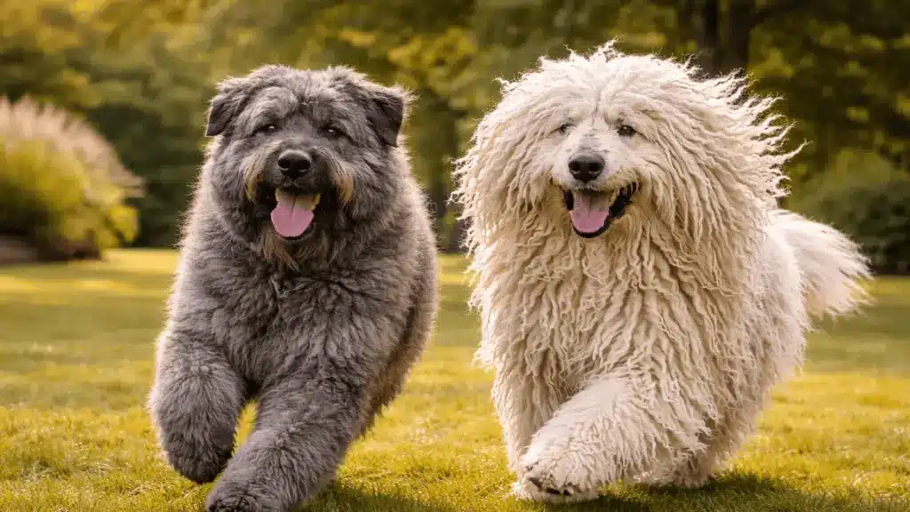 Bouvier des Flandres and Komondor dogs running together across green grass in a park, thick shaggy coats moving as they play outdoors in sunlight