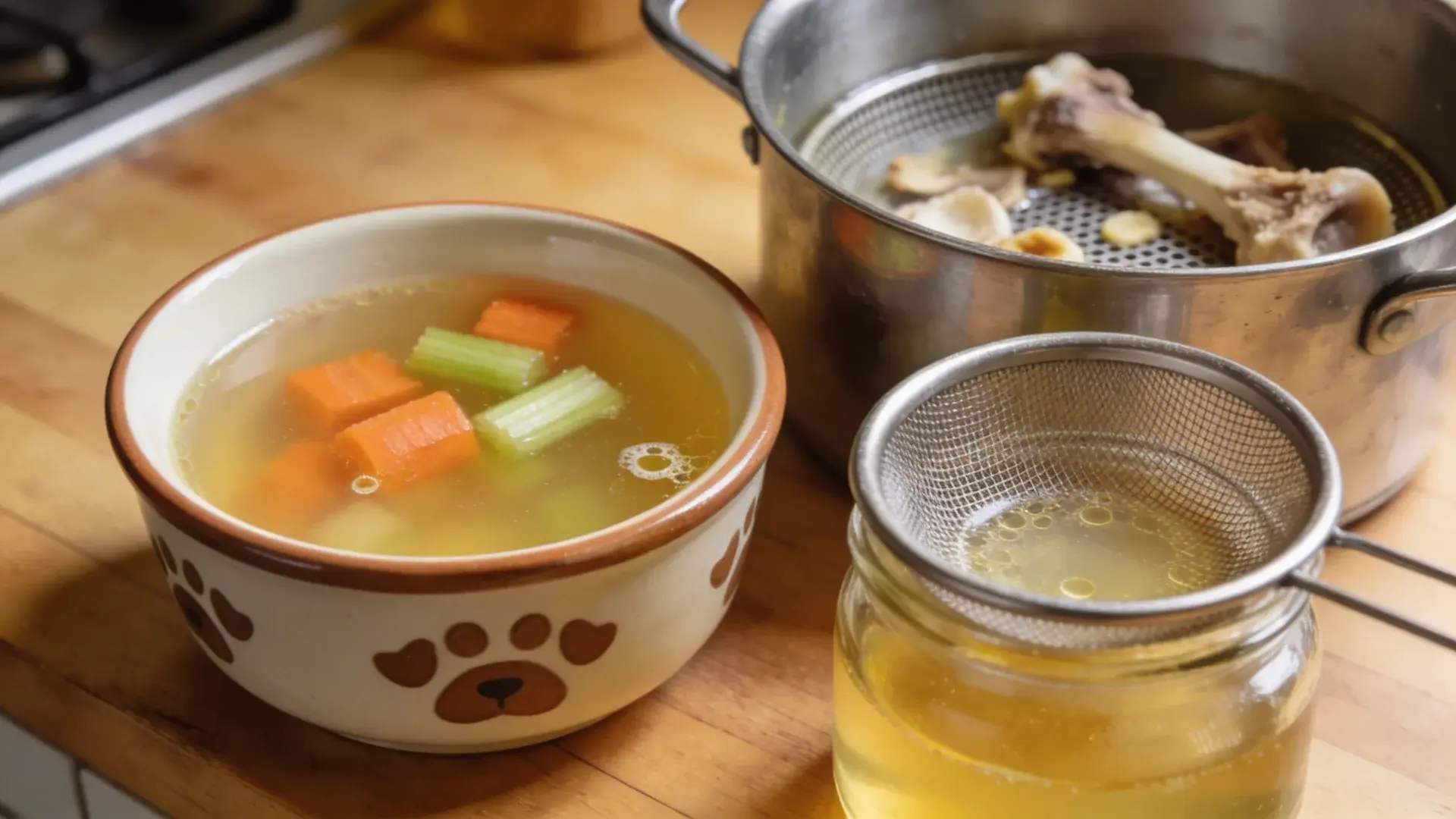 Bowl of homemade dog bone broth with carrots and celery beside pot with bones and strained broth on kitchen counter