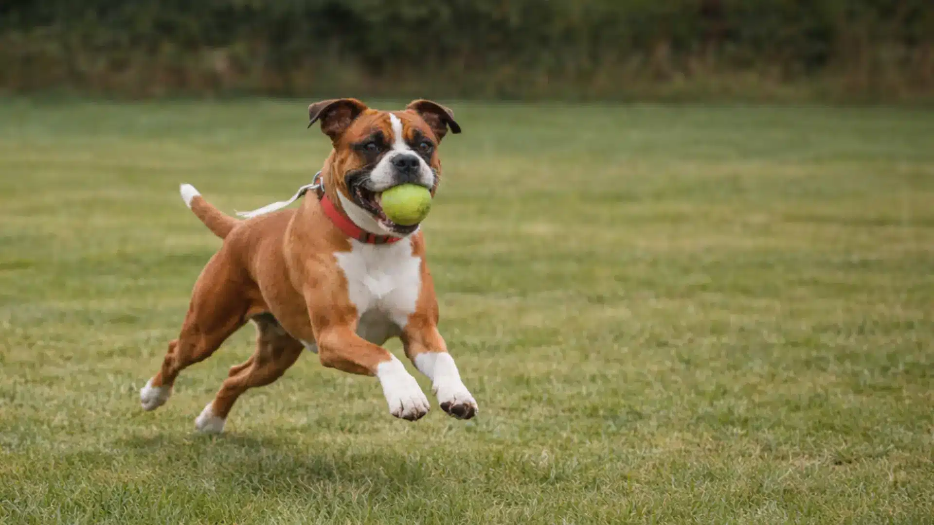 Boxer dog running across grassy field carrying green tennis ball in mouth
