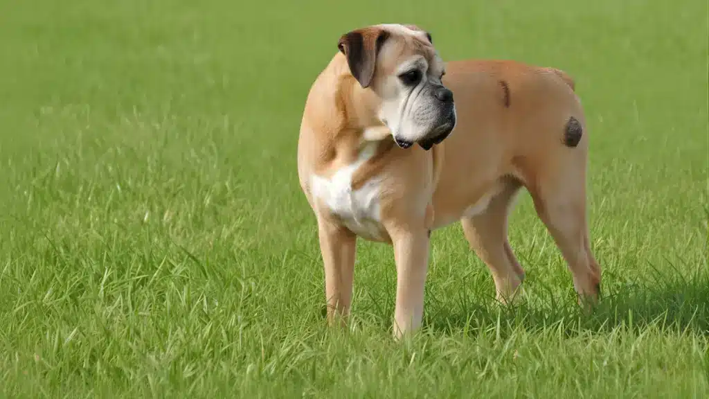 Boxer dog standing on grass with visible round lump on side, showing possible lipoma or fatty tumor under the skin