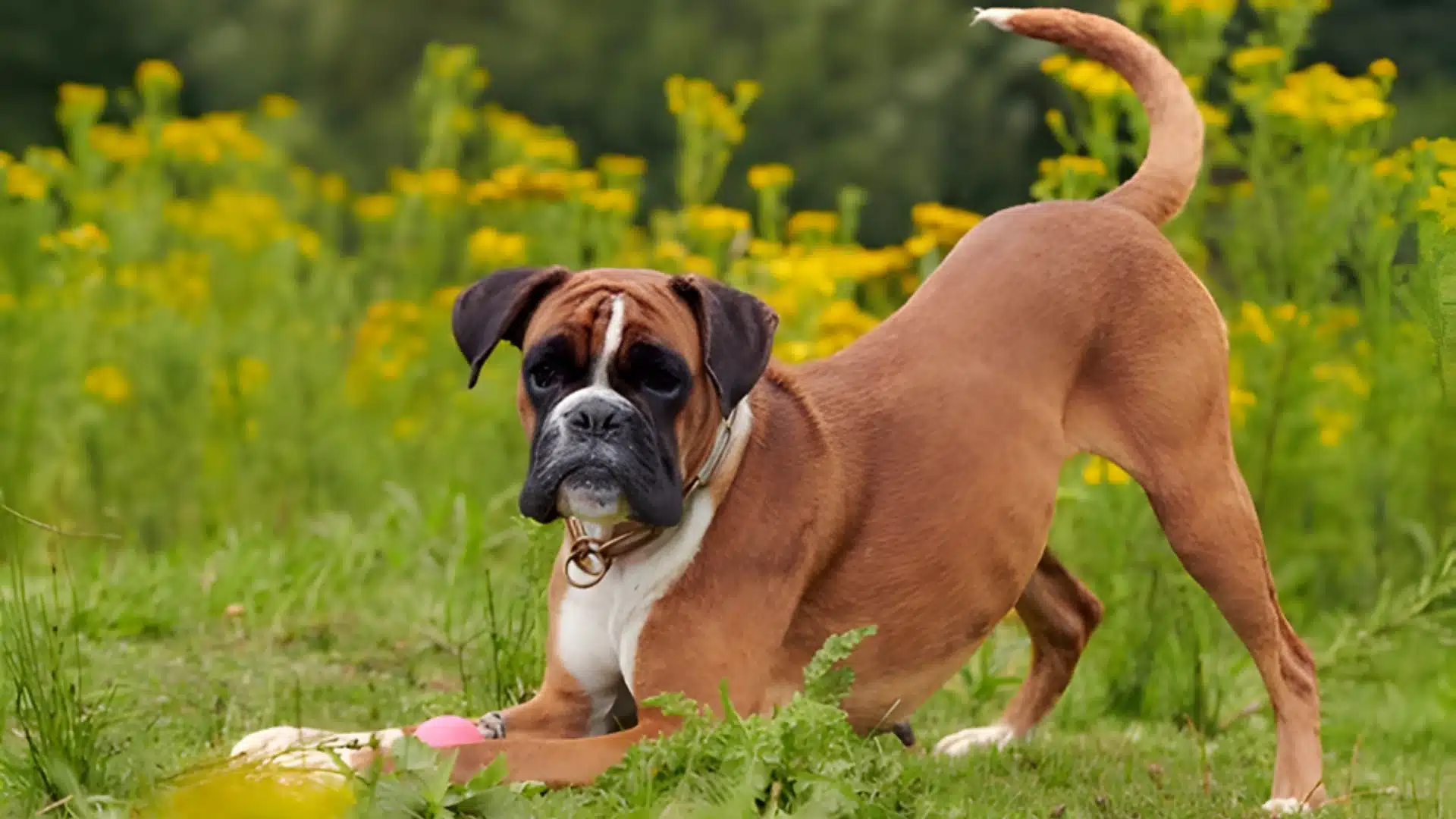 Boxer dog stretching in grassy field, alert and protective family guard dog breed known for loyalty and energy