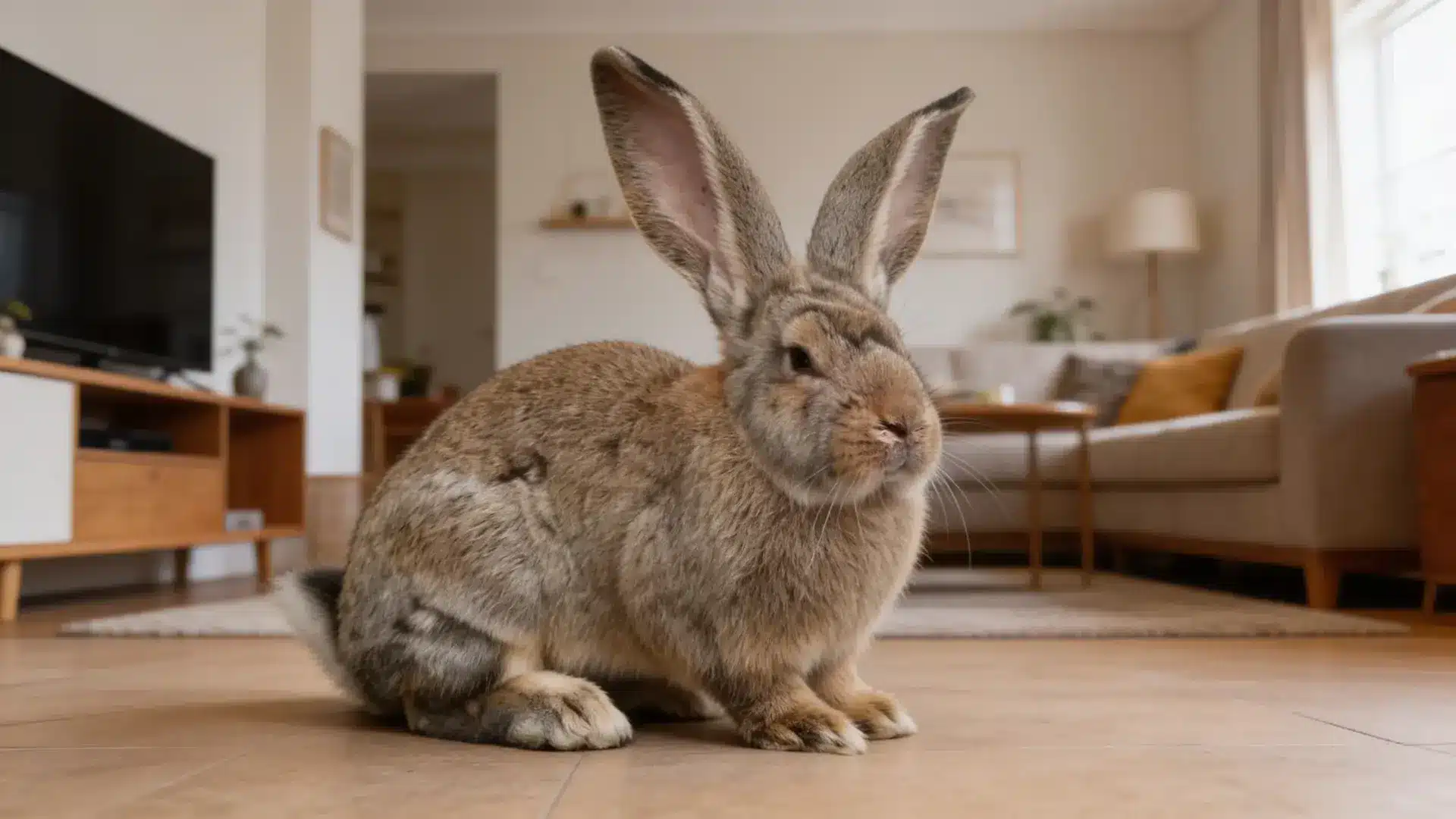 British Giant rabbit sitting on the floor in a cozy living room with sofa, TV stand, and natural daylight from nearby window