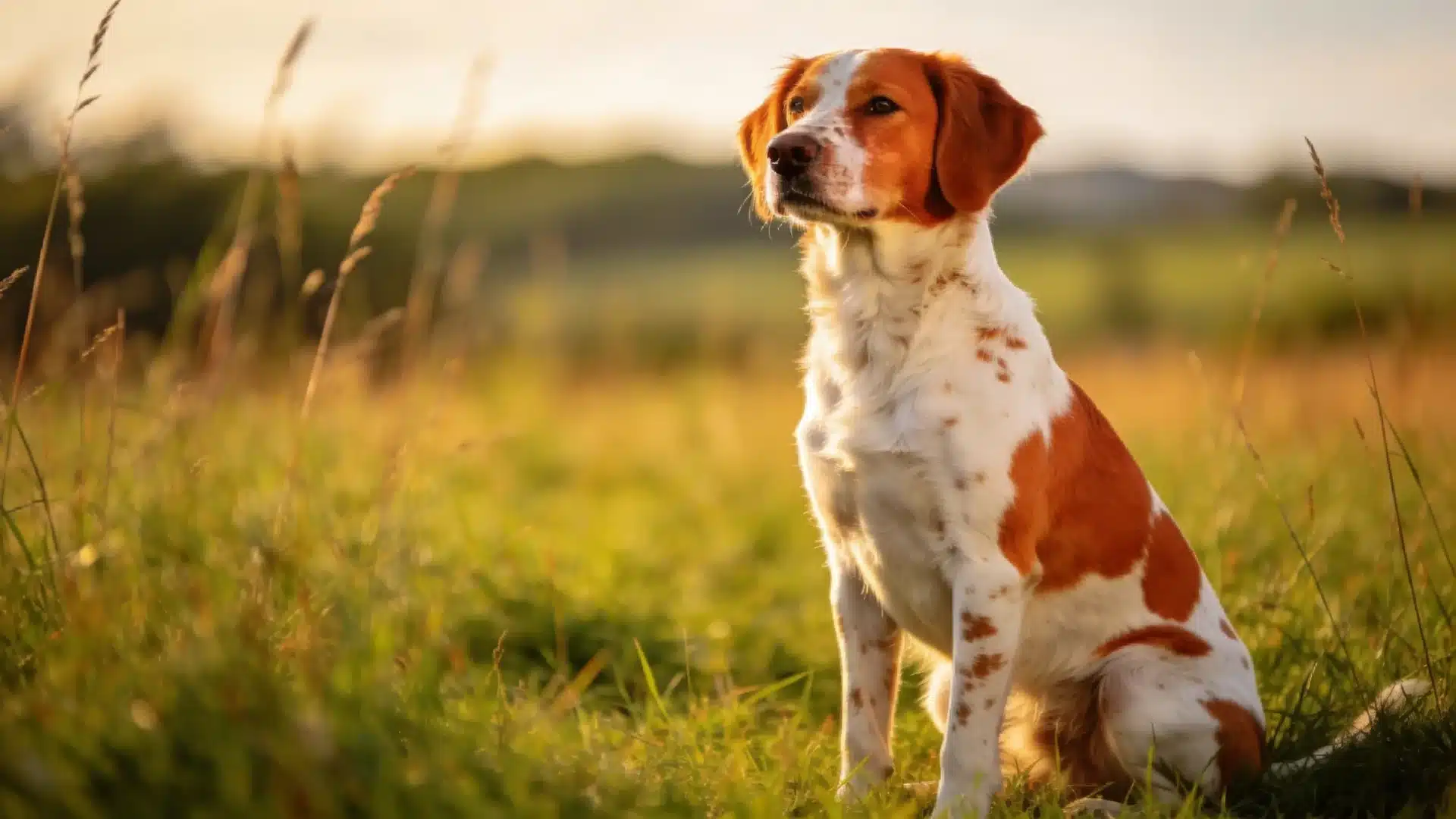 Brown and white Brittany hunting dog sitting alert in tall grass field during warm sunset light
