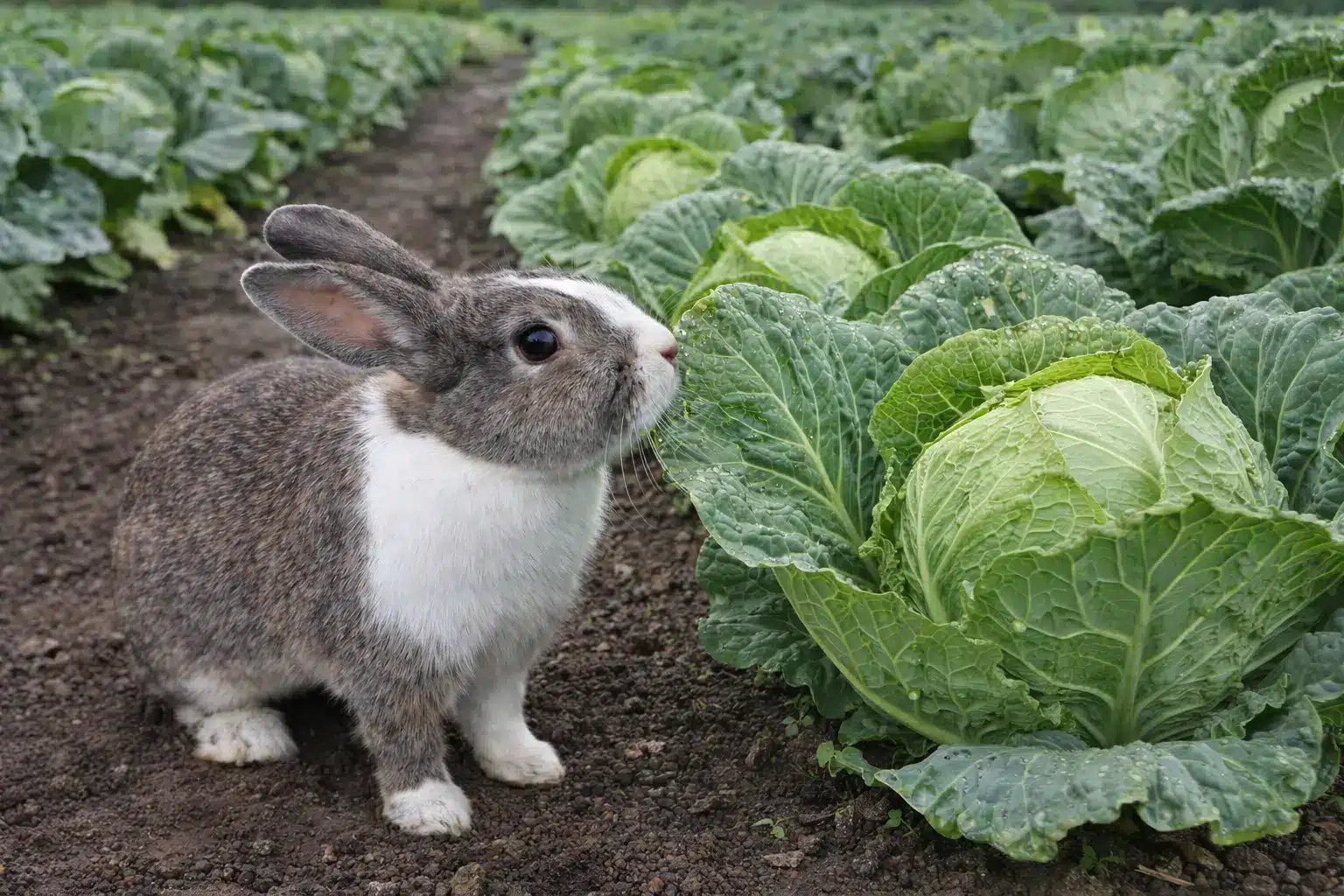 Brown and white rabbit beside green cabbage growing in farm garden row