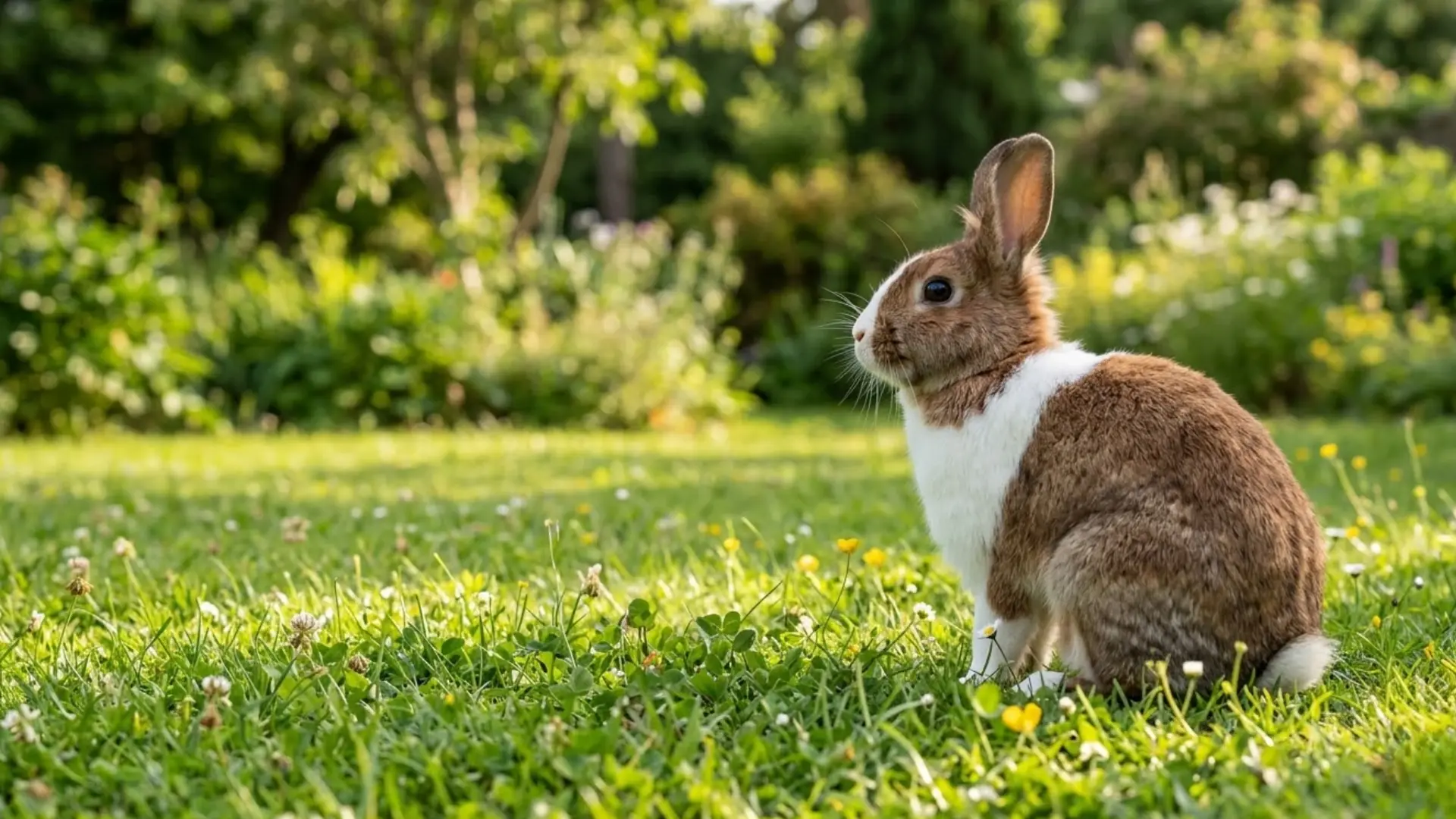 Brown and white rabbit sitting on green lawn, facing right, surrounded by soft sunlight and garden plants
