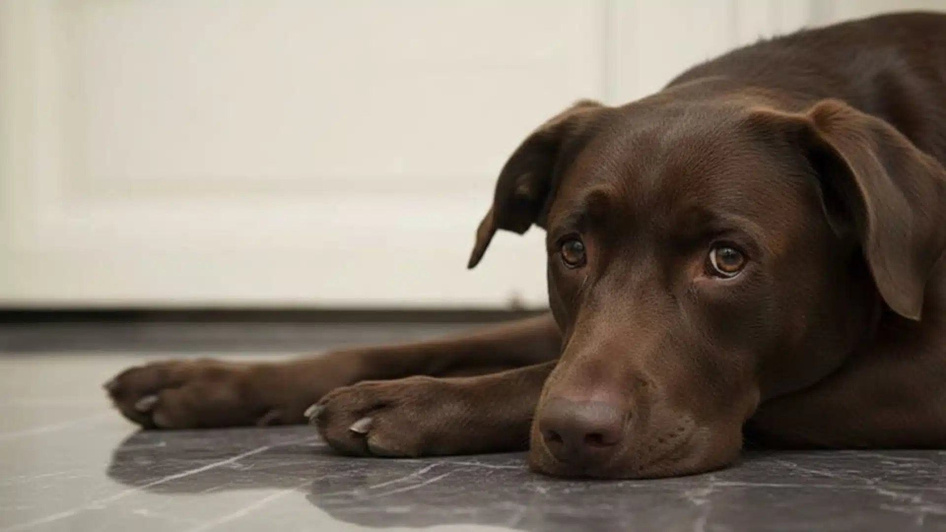 Brown dog lying flat on dark tile floor indoors, looking tired with head resting down and soft eyes facing forward